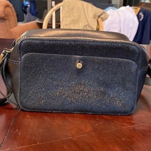 Camera crossbody with black calf fur